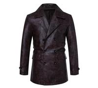 ORDOBO Lederjacke Für Herren - Doppelreihige Mittellange Jacke Winddicht Warm Ledermantel Schmale Passform Koreanischer Stil Freizeitjacke Kaffee Größe S