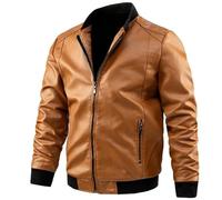 ORDOBO Lederjacke Für Herren - Lässige Biker-Lederjacke Frühling/Herbst Koreanischer Stil Stehkragen Große Größe Winddicht Leicht Oberbekleidung Gelb M