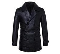 ORDOBO Lederjacke Für Herren - Zweireihige Mittellange Jacke Winddicht Warm Ledermantel Schmale Passform Koreanischer Stil Freizeitjacke Schwarz Größe S