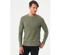 ORGANICATION Geripptes Henley Langarmshirt aus Bio-Baumwolle KHAKI S