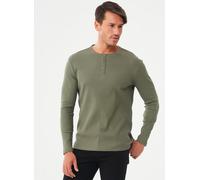 ORGANICATION Geripptes Henley Langarmshirt aus Bio-Baumwolle KHAKI XXL