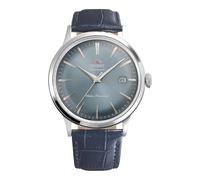Orient Bambino RA-AC0030L30B 40,5 mm automatische mechanische Herrenuhr, blaues Zifferblatt, Edelstahlgehäuse, blaues Lederarmband, gewölbtes Mineralkristall und Datumsanzeige