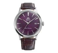 Orient Bambino RA-AC0032V30B 40,5 mm automatische mechanische Herrenuhr, violettes Zifferblatt, Edelstahlgehäuse, braunes Lederarmband, gewölbtes Mineralkristall und Datumsanzeige