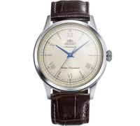 Orient Bambino RA-BB0003Y30B 38,4 mm automatische mechanische Herrenuhr, elfenbeinfarbenes Zifferblatt, Edelstahlgehäuse, braunes Lederband, gewölbtes Mineralkristall und Ausstellungsgehäuseboden
