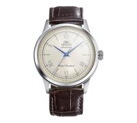 Orient Bambino RA-BB0003Y30B 38,4 mm automatische mechanische Herrenuhr, elfenbeinfarbenes Zifferblatt, Edelstahlgehäuse, braunes Lederband, gewölbtes Mineralkristall und Ausstellungsgehäuseboden