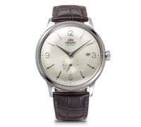 ORIENT Herren Dressuhr Bambino Automatik, Beige Zifferblatt, Silberfarbene Zeiger, Braun Lederband, 40,5 mm Edelstahlgehäuse, Wasserresistent, Japan (hergestellt in Japan)