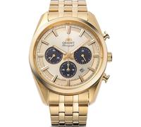 Orient Stretto Solar-Chronograph, 40 mm, champagnerfarbenes Zifferblatt, goldfarbenes Armband, Herren-Armbanduhr RA-TX0301G10B