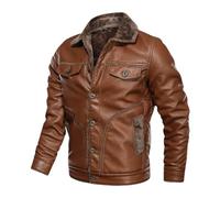 Ornrjfll Herren Winter Herbst Slim Pelz Kragen Jacke PU Vintage Klassische Herren Lederjacken Fleece Kleidung, khaki, L