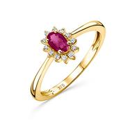OROVI Schmuck Damen 0.07 Ct Diamant Verlobungsring Blume Gelbgold mit Edelstein/Geburtsstein natürlicher ovaler roter Rubin und 12 Diamanten Brillanten Ring aus 9 Karat (375) Gold