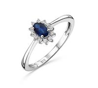 OROVI Schmuck Damen 0.07 Ct Diamant Verlobungsring Blume Weißgold mit Edelstein/Geburtsstein natürlicher ovaler Saphir und 12 Diamanten Brillanten Ring aus 9 Karat (375) Gold