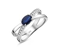 OROVI Schmuck Damen 0.09 Ct Diamant gekreuzter Verlobungsring Weißgold mit Edelstein/Geburtsstein natürlicher ovaler blauer Saphir und 10 Diamanten Brillanten Ring aus 9 Karat (375) Gold