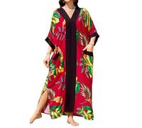 Orshoy Damen Kaftan Sommerkleid Strandkleid Bikini Cover Up für Strand Kurzarm Sommer Casual Long Maxi Kleider mit Taschen Rot