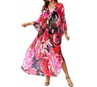 Orshoy Damen Strandkleid Kaftan Kleid Leichte Sommerkleid Bikini Cover Ups Pareos Sommer Maxikleid Lange Kleid Strandponcho mit V-Ausschnitt Strand Bademode Rosa Blume