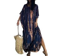 Orshoy Damen Strandkleid Strandtunika Kaftan Boho Kleid Lang Strandponcho Bikini Sommerkleid Badekleid Badeanzug Sommer Maxikleid Beachwear Boho Bademode Navy Tie Dye
