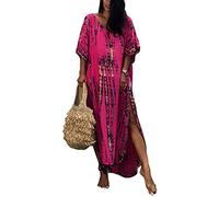 Orshoy Damen Strandkleid Strandtunika Kaftan Boho Kleid Lang Strandponcho Bikini Sommerkleid Badekleid Badeanzug Sommer Maxikleid Beachwear Boho Bademode Rosa