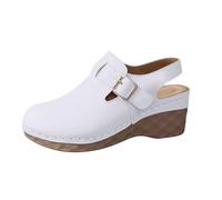Orthopädische Damen-Sandalen, Doppelschnalle, Pantoletten, geschlossene Zehen, Clogs, Keilsandalen, Plateau-Hausschuhe mit Fußgewölbeunterstützung, Sommer, leger, Urlaub, Slides, weiß, 37 EU
