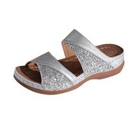 Orthopädische Pantoletten Damen Mit Fussbett, Schlappen Damen Sommer Slipper mit Strass Glitzer Sommerschlappen Schlupfsandalen Modische Klassische Sommerschuhe Damenpantolette Keilpantoffeln