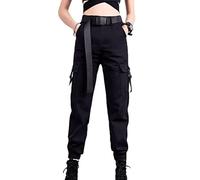 Osheoiso Damen Gothic Hosen Cargo Hosen Hip Hop Hohe Taille Jogger Street Hose mit Kette Pants Jogginghose Freizeithosen mit Reißverschluss Punk Streetwear C Schwarz XL