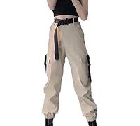 Osheoiso Damen Gothic Hosen Cargo Hosen Hip Hop Hohe Taille Jogger Street Hose mit Kette Pants Jogginghose Freizeithosen mit Reißverschluss Punk Streetwear C Khaki M