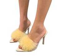 Osheoiso Damen Mode Sandaletten High Heels Sandalen Stiletto Absätze Damenschuhe Chic Sandalen Faux Feder Slip-On Spitz Zehe Kopf Sandaletten Stiletto Pumps B Gelb 36 EU