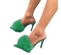 Osheoiso Damen Sandalen mit Absatz Damenschuhe Abend Hohe Ferse Faux Feder Slip-On Spitz Zehe Kopf Sandaletten Stiletto Pumps Slides Vintage Sommerschuhe B Grün 39 EU