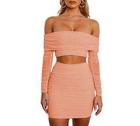 Osheoiso Damen Vintage Top mit Kurzem Rock Sets 2 Piece Bodycon Retro Kariertes Langarm mit Minirock Faltenrock Bleistiftrock Figurbetont Mode Rock Saum für Sommer A Rosa M