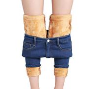 Osheoiso Fleece Jeans Damen Winter Stretch Skinny Jeanshose Straight High Waist Jeanshose Fleece GefüTtert Thermojeans Lang Warm Winterhose Fleecehose Strumpfhosen B Blau 28