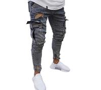Osheoiso Herren Destroyed Jeans Biker Hose Herren Löcher Slim Fit Jeans Denim Hose Vintage Männer Zerrissen Jeanshose Skinny Jeanshosen Bleistifthose Hosen J Grau S