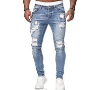 Osheoiso Herren Destroyed Jeans Biker Hose Herren Löcher Slim Fit Lang Jeans Denim Hose Männer Vintage Zerrissen Jeanshose Skinny Jeanshosen Bleistifthose Hosen A Hellblau XXL