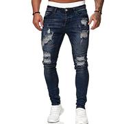 Osheoiso Herren Destroyed Jeans Biker Hose Herren Löcher Slim Fit Lang Jeans Denim Hose Vintage Männer Zerrissen Jeanshose Skinny Jeanshosen Bleistifthose Hosen A Dunkelblau L