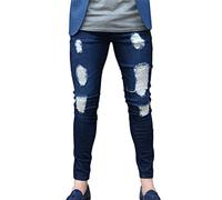 Osheoiso Herren Destroyed Jeans Biker Hose Herren Löcher Slim Fit Lang Jeans Denim Hose Vintage Männer Zerrissen Jeanshose Skinny Jeanshosen Bleistifthose Hosen B Dunkelblau L