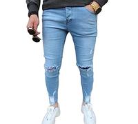 Osheoiso Herren Destroyed Jeans Biker Hose Herren Löcher Slim Fit Lang Jeans Denim Hose Vintage Männer Zerrissen Jeanshose Skinny Jeanshosen Bleistifthose Hosen G5 Hellblau L