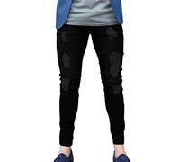 Osheoiso Herren Destroyed Jeans Biker Hose Herren Löcher Slim Fit Lang Jeans Denim Hose Vintage Männer Zerrissen Jeanshose Skinny Jeanshosen Bleistifthose Hosen B Schwarz L