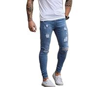 Osheoiso Herren Destroyed Jeans Biker Hose Herren Löcher Slim Fit Lang Jeans Denim Hose Vintage Männer Zerrissen Jeanshose Skinny Jeanshosen Bleistifthose Hosen D Hellblau L