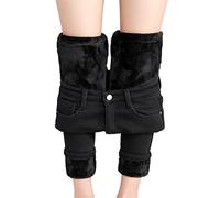 Osheoiso Jeans Damen Winter Jeans Plüsch Gefüttert Thermohose High Waist Straight Thermojeans Warm Gefüttert Jeans Lang Fleecehose Warm Leicht Outdoor Jeanshose B Schwarz 27