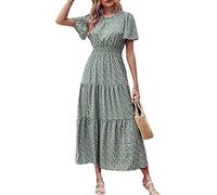 Osheoiso Kleider Damen Sommer Lang Elegant Sommerkleider Boho Lose Swing Kleider Strandkleid Midikleid Blumenmuster Maxikleider Rüschenkleid A Linien Kleid Große Größen B Grün L