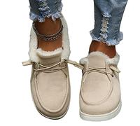 Osheoiso Warme Schuhe Damen Winter Outdoor Schuhe Freizeitschuhe Flache Schuhe Lässige Plüsch Fleece Schuhe Loafers Mokassins Slipper Schneestiefel Runde Zehe Stiefeletten A Khaki 42 EU
