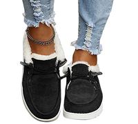 Osheoiso Warme Schuhe Damen Winter Outdoor Schuhe Freizeitschuhe Flache Schuhe Lässige Plüsch Fleece Schuhe Loafers Mokassins Slipper Schneestiefel Runde Zehe Stiefeletten A Schwarz 40 EU