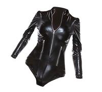 Oshhni PU Leder Body Langarm PVC Reißverschluss Vorne Teddy Jumpsuit Top Catsuit - schwarz, M