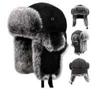 OSMARI Unisex Wildleder Pilotenhut Trappermütze Russische Mütze Wintermütze Bombermützen für Herren, winddichte Kunstfellmütze mit Ohrenklappen für Radfahren, Camping, Wandern, Schwarz ,