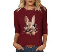 Ostern 3/4 Shirt Damen Festliche Basic T-Shirt Lustiges Hasen Bedrucken T Shirt Festliche Häschen Langarmshirt Osterhase Tee Tops Elegant Festival Outfit Sommershirt Blusenshirt Mädchen