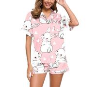 Ostern Pyjama Set Damen Satin Zweiteiler Osterhase Druck Schlafanzug Set Ostern Schlafanzug Damen Kurz, Schlafanzug Damen Kurz Pyjama Set Ostern Kaninchen Osterei Druck Hausanzug