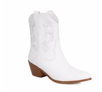 OTMYIGO Damen bestickte Stiefeletten zum Überziehen, Dicker Absatz, Western-Cowboy-Kurzstiefel, Vintage, Herbst-Winter, Stiefel mit mittlerer Wade, große Größe,Weiß,40