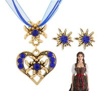 OUDQFCJ 3 Stück Trachtenschmuck Set Bayerisch schmuck Trachtenkette mit Strass Gold Herz Anhänger und Gold Ohrstecker für Damen Bierfest Trachten Outfit Accessoires(blau)