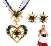 OUDQFCJ 3 Stück Trachtenschmuck Set Bayerisch schmuck Trachtenkette mit Strass Gold Herz Anhänger und Gold Ohrstecker für Damen Bierfest Trachten Outfit Accessoires(schwarz)