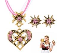 OUDQFCJ 3 Stück Trachtenschmuck Set Bayerisch schmuck Trachtenkette mit Strass Gold Herz Anhänger und Gold Ohrstecker für Damen Bierfest Trachten Outfit Accessoires (Rosa)