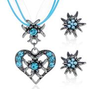 OUDQFCJ Trachtenschmuck Set Damen Dirndl Kette mit Edelweiß Herz Anhänger und Ohrstecker Schmuck als Oktoberfest Accessoires für Dirndl Outfit in Hellblau