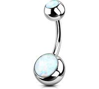 OUFER 14G Bauchnabelpiercing Ring Titan 8 mm Piercing Bauchnabel Lang Kurz Weißer Opal Edelstein Kugeln Belly Button Piercing Navel Bars Silber 1.6 mm Nabelring Frau Schmuck