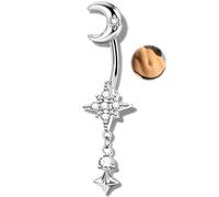 OUFER Body Piercing Nabelpiercing 14G Moon Star Dangle Belly Button Ring, 316L Stainless Steel 10mm Bauchnabelpiercing Bar Clear CZ Hypoallergenic for Women Fresh Healed Piercings