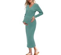 OUGES Damen Umstandskleid Midi Umstandsmode Winter Herbst V-Ausschnitt Lange Ärmel Schwangerschaft Strickkleid-XL